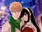  1boy 1girl black_hair blonde_hair blue_eyes blurry blurry_background blush breath earrings gold_earrings green_scarf hand_on_another&#039;s_back hand_on_another&#039;s_chest headband hetero hug hunnymzdraws husband_and_wife jewelry long_hair looking_at_another night outdoors red_eyes scarf short_hair smile snow snowing spy_x_family twilight_(spy_x_family) twitter_username watermark white_headband winter winter_clothes yor_briar 