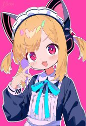  1girl :d animal_ear_headphones animal_ears apron aqua_ribbon blonde_hair blue_archive blue_dress blush blush_stickers bow bowtie cat_ear_headphones cat_ears collared_dress commentary_request dated dress fake_animal_ears fang hand_up headphones heart highres limpiderm long_sleeves looking_at_viewer maid maid_apron maid_headdress momoi_(blue_archive) momoi_(maid)_(blue_archive) neck_ribbon official_alternate_costume open_mouth outline pink_background pink_eyes puffy_long_sleeves puffy_sleeves ribbon short_hair short_twintails sidelocks signature simple_background smile solo twintails upper_body v-shaped_eyebrows white_apron white_outline 