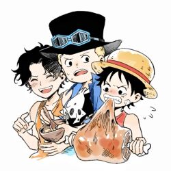  3boys 9dkr99 aged_down ascot bandaid bandaid_on_cheek bandaid_on_face bare_shoulders biting black_hair black_hat blonde_hair blush boned_meat commentary_request eating flying_sweatdrops food goggles goggles_on_headwear hat male_focus meat monkey_d._luffy multiple_boys one_piece open_mouth orange_tank_top portgas_d._ace red_tank_top sabo_(one_piece) short_hair simple_background straw_hat sweatdrop tank_top upper_body white_ascot white_background 