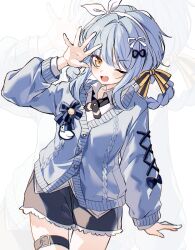  1girl :d ;d black_shorts blue_cardigan blue_hair bow bow_hairband braid braided_hair_rings cardigan commentary_request cross-laced_clothes cross-laced_sleeves hair_bow hair_rings hairband highres leg_belt long_sleeves looking_at_viewer mahou_shoujo_no_majo_saiban official_alternate_costume one_eye_closed shirt short_hair shorts simple_background smile solo tachibana_sherry tm21 white_background white_hairband white_shirt yellow_eyes zoom_layer 