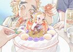  1girl 3boys alcohol beer beer_can birthday birthday_cake biscuit_(bread) blonde_hair blueberry bowl brothers cake can cape chibi cream demon_slayer_uniform flame_print food forked_eyebrows fruit holding holding_food holding_leaf japanese_clothes kimetsu_no_yaiba leaf mint multicolored_hair multiple_boys painting_(medium) redhead rengoku_kyoujurou rengoku_ruka rengoku_senjurou rengoku_shinjurou siblings simple_background smile streaked_hair table thick_eyebrows traditional_media watercolor_(medium) watermark yellow_eyes yuki_(yuki3243) 