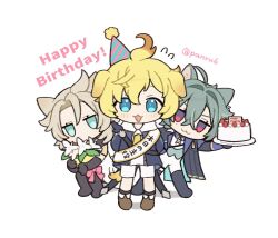  3boys :3 :d ahoge albedo_(genshin_impact) animal_ears aqua_eyes aqua_hair aqua_vest arms_behind_back artist_name birthday birthday_cake birthday_sash black_boots black_gloves black_socks blonde_hair blue_cape blue_coat blue_eyes blue_jacket blue_shirt blush boots bouquet brown_boots cake cape cat_boy cat_ears cecilia_flower_(genshin_impact) closed_mouth coat collared_shirt commentary_request crossed_bangs dog_boy dog_ears elbow_gloves english_text flower flying_sweatdrops fold-over_boots food fruit genshin_impact gloves hair_between_eyes hair_intakes happy_birthday holding holding_bouquet holding_tray hood hood_down hooded_coat hoodie jacket jitome lab_coat lapels lohen_(genshin_impact) long_sleeves looking_at_viewer male_focus medium_hair mika_(genshin_impact) mole mole_under_eye multicolored_eyes multiple_boys necktie open_clothes open_jacket open_mouth panri pants parted_bangs sash shirt short_hair short_sleeves shorts shoulder_sash simple_background sleeve_cuffs smile socks squatting standing strawberry thigh_boots thigh_strap tray twitter_username v-shaped_eyebrows vest violet_eyes white_background white_flower white_hoodie white_pants white_shirt white_shorts yellow_necktie 