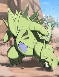  absurdres blue_sky claws commentary_request dusk fangs highres horns kihada_magulo larvitar no_humans outdoors pokemon pokemon_(creature) pokemon_focus red_eyes rock single_horn sky spikes standing tail tree tyranitar v-shaped_eyes 