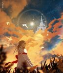  1girl artist_name bird bow castle clouds dress dress_bow english_commentary long_hair night night_sky original outdoors red_bow reinforced sky solo star_(sky) starry_sky white_dress 
