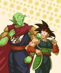  2boys antennae arm_warmers armor baggy_pants bardock bardock_(cosplay) bare_shoulders biceps black_hair blue_pants blush breastplate cape closed_mouth colored_skin commentary_request cosplay cosplay_request cowboy_shot dougi dragon_ball dragon_ball_z fake_scar green_skin hand_up headband highres holding holding_marker koukyouji looking_at_another male_focus marker multiple_boys muscular muscular_male namekian open_mouth pants piccolo pointy_ears red_cape red_headband red_sash saiyan_armor sash simple_background son_goku spiky_hair standing sweatdrop v-shaped_eyebrows yellow_background 
