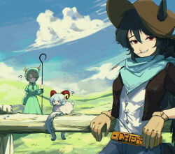  3girls ? absurdres against_railing alternate_costume animal_ears annoyed belt black_hair black_wings blonde_hair blue_sky brown_jacket clouds commentary cowboy_hat cowgirl_(western) denim dragon_horns dress eastern_dragon_horns eating field gloves green_dress green_hat hair_between_eyes hat highres horizontal_pupils horns horse_ears horse_girl horse_tail horseshoe jacket jeans kicchou_yachie kurokoma_saki long_hair looking_at_viewer medium_hair mouth_hold multiple_girls neckerchief open_clothes open_jacket outdoors pants parted_lips railing red_eyes sheep sheep_horns shepherd shirt short_hair sky smile stalk_in_mouth stunionjy tail touhou toutetsu_yuuma toutetsu_yuuma_(sheep) unfinished_dream_of_all_living_ghost untranslatable_commentary white_shirt wings 