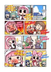 >_< 6+girls =_= ^_^ alternate_language armor bare_shoulders belt belt_buckle birthday black_cloak black_shirt blonde_hair blue_bow blue_bowtie blue_dress blue_eyes blue_gem blue_hair blue_sky blunt_bangs blush blush_stickers bodystocking bow bowtie bracer breastplate bridal_gauntlets brooch brown-framed_eyewear brown_bridal_gauntlets brown_gloves brown_hair buckle chain chest_belt chibi cloak closed_eyes closed_mouth clouds copyright_notice couch cow_horns crescent crescent_necklace crop_top cropped_shirt crown cup day detached_sleeves dot_nose dress drinking drinking_glass emphasis_lines english_text engrish_text fake_horns fingerless_gloves fire food full-face_blush futaba_sana gem gift gloves goggles goggles_on_head gold_crown green_gem green_hair green_sweater grey_belt hair_bobbles hair_ornament hair_scrunchie hand_on_own_chest happy holding holding_cup holding_food holding_gift holding_spoon hood hood_up hooded_cloak horns hotpot house indoors jewelry large_bow leg_warmers living_room long_hair long_sleeves magia_record:_mahou_shoujo_madoka_magica_gaiden magical_girl mahou_shoujo_madoka_magica mahou_shoujo_madoka_magica_magia_exedra medium_hair midriff milk miniskirt mitsuki_felicia multiple_girls nanami_yachiyo necklace nostrils open_mouth orange_scrunchie orange_shirt outstretched_arm outstretched_arms oven_mitts papa_(shimeguru) parted_bangs pauldrons pillow pink_bow pink_eyes pink_gem pink_hair pleated_skirt purple_cloak purple_leg_warmers purple_scarf purple_shirt purple_skirt purple_sleeves ranguage round_eyewear scarf scrunchie sharp_teeth shirt shirt_under_dress short_hair short_sleeves shoulder_armor side_ponytail sidelocks singing skirt sky sleeveless sleeveless_dress smile snot soul_gem_(madoka_magica) speech_bubble spicy spoon striped_bow sweater tamaki_iroha tamaki_ui tearing_up teeth tree turtleneck turtleneck_shirt twintails two-tone_cloak vertical-striped_bow vest wavy_hair white_cloak white_vest window yellow_horns yellow_scrunchie yui_tsuruno