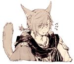  1boy :t animal_ears black_scarf braid braided_ponytail cat_boy cat_ears cat_tail commentary cropped_torso dated eyes_visible_through_hair facial_mark final_fantasy final_fantasy_xiv from_side g&#039;raha_tia hair_ornament itowff14 jacket jewelry looking_at_viewer low_ponytail male_focus miqo&#039;te monochrome neck_tattoo necklace pout scarf sepia short_hair short_ponytail signature simple_background single_braid solo squiggle swept_bangs tail tail_raised tattoo upper_body white_background x_hair_ornament 