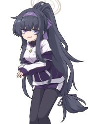  1girl abydos_high_school_logo akisome_hatsuka alternate_costume bags_under_eyes black_hair black_pantyhose black_undershirt blue_archive blush brown_halo commentary_request crossed_bangs gym_uniform hair_between_eyes hairband halo jacket jewelry long_hair long_sleeves looking_at_viewer necklace open_mouth pantyhose pantyhose_under_shorts purple_hairband purple_jacket purple_shorts shirt shorts simple_background sleeves_past_wrists solo ui_(blue_archive) undershirt very_long_hair violet_eyes wavy_hair white_background white_shirt 