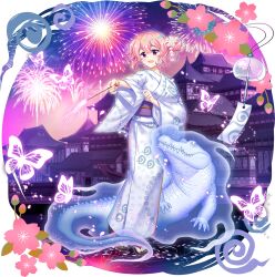  1girl aerial_fireworks alternate_costume crocodile crocodilian fireworks full_body game_asset highres holding holding_fireworks japanese_clothes kimono looking_at_viewer obi obijime official_art open_mouth pink_eyes pink_hair purple_sash rotte_(1109) saigyouji_yuyuko sash simple_background smile solo sparkler third-party_source touhou touhou_lostword transparent_background white_kimono 