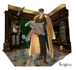  1boy black_hair bottle commentary english_commentary full_body highres holding holding_newspaper indoors long_sleeves necktie newspaper original shdch short_hair smile solo suit window wine_bottle 