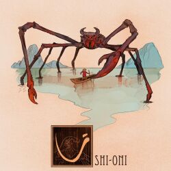  1other boat commentary cow_horns crab_claw english_commentary hat highres horns japanese_clothes japanese_mythology monster mountain nathan_anderson rice_hat setting_pole traditional_youkai ushi-oni wading watercraft 