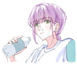  1girl blush bottle commentary english_commentary green_eyes hasu_no_sora_gym_uniform holding holding_bottle long_hair love_live! love_live!_hasu_no_sora_jogakuin_school_idol_club low_ponytail mixed-language_commentary otomune_kozue parted_lips ponytail porari shirt sidelocks simple_background solo sweat towel towel_on_one_shoulder virtual_youtuber water_bottle white_background white_shirt 