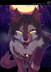  animal animal_focus animal_with_hair animalization bamboo bamboo_forest bon_(rump) brooch brown_hair commentary_request commission forest full_moon glowing glowing_eyes highres imaizumi_kagerou imaizumi_kagerou_(wolf) jewelry long_hair looking_at_viewer moon nature night no_humans open_mouth purple_sky skeb_commission sky tongue tongue_out touhou walking web_address wolf yellow_eyes 