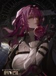  1girl black_jacket breasts eyewear_on_head gloves gravitydusty highres honkai:_star_rail honkai_(series) jacket kafka_(honkai:_star_rail) large_breasts long_jacket purple_gloves purple_hair red_eyes round_eyewear shirt solo sunglasses white_shirt 