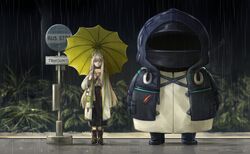  1girl absurdres arknights black_coat black_jacket bus_stop coat doctor_(arknights) elf feather_hair highres holding holding_umbrella hood hood_up hooded_coat hooded_jacket jacket laurel_crown mask muelsyse_(arknights) open_clothes open_coat open_labcoat pointy_ears rain rhine_lab_logo thokuma umbrella water_drop wet wet_clothes white_coat 