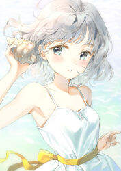  1girl absurdres armpits bare_arms bare_shoulders commentary day dress dress_ribbon grey_eyes grey_hair hand_up highres holding_seashell original outdoors parted_lips ribbon seashell shell short_hair sleeveless sleeveless_dress solo spaghetti_strap summer sundress unya_(unya-unya) upper_body white_dress yellow_ribbon 