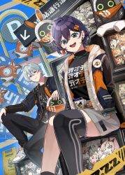  1boy 1girl anby_demara aqua_eyes belle_(zenless_zone_zero) black_jacket black_pants black_shirt black_thighhighs blue_hair breasts character_request closed_mouth commentary_request earrings ellen_joe eous_(zenless_zone_zero) grey_hair grey_pants hair_ornament jacket jewelry letter_hair_ornament long_sleeves medium_hair multicolored_jacket nicole_demara open_mouth orange_jacket pants qingyi_(zenless_zone_zero) shiba_(tonari_no_shiba_inu) shirt shoes short_hair single_thighhigh smile sneakers thigh-highs von_lycaon white_shoes wise_(zenless_zone_zero) zenless_zone_zero zhu_yuan 