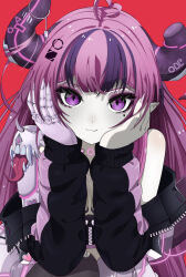  1girl ahoge broken_horn closed_mouth colored_skin commentary cyborg demon_girl demon_horns diamond-shaped_pupils diamond_(shape) extra_mouth facial_mark heart heart_ahoge heart_facial_mark highres horns ironmouse looking_at_viewer mechanical_arms mechanical_horns mocha4039 multicolored_hair pink_hair pointy_ears purple_hair purple_streaks single_mechanical_arm solo streaked_hair symbol-shaped_pupils tongue violet_eyes virtual_youtuber vshojo white_skin 