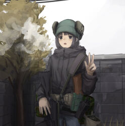  1girl ak-74m ammunition_pouch assault_rifle attamaf866 beanie black_eyes black_hair blunt_bangs brick_wall cable commentary_request denim grass gun gun_sling hat headphones headphones_atop_head highres hood hood_down hoodie jeans kalashnikov_rifle load-bearing_equipment magazine_(weapon) original pants pouch radio radio_antenna rifle short_hair sky solo tree weapon white_sky 
