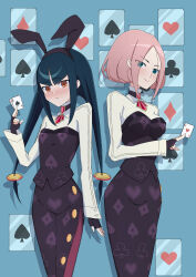  2girls absurdres ace_(playing_card) ace_of_hearts ace_of_spades animal_ear_hairband animal_ears black_gloves black_hair black_hairband black_skirt black_vest blue_background blue_eyes blush breasts card closed_mouth club_(shape) commentary_request cosplay diamond_(shape) eyes_visible_through_hair fake_animal_ears fingerless_gloves gloves hairband heart heartless_(mega_man) heartless_(mega_man)_(cosplay) highres holding holding_card long_hair long_sleeves looking_at_viewer makekondoruorz medium_breasts mega_man_(series) mega_man_star_force_(series) mega_man_star_force_3 multiple_girls orange_eyes pink_hair playing_card playing_card_print queen_(playing_card) queen_of_hearts_(playing_card) queen_tia_(mega_man) rabbit_ear_hairband rabbit_ears shirt short_hair skirt small_breasts smile spade_(shape) twintails vest white_shirt 