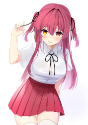  1girl absurdres alternate_costume black_ribbon blush closed_mouth collared_shirt commentary_request hair_ribbon heterochromia highres hololive houshou_marine long_hair looking_at_viewer paipukoron417 red_eyes red_skirt ribbon shirt sidelocks skirt solo thigh-highs two_side_up virtual_youtuber white_background white_shirt white_thighhighs yellow_eyes 