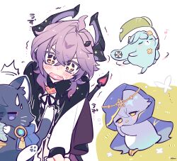  +_+ 1boy ^^^ animalization bird black_cat black_horns black_tail blue_cape blue_gem bright_pupils brown_eyes bug butterfly cape cat crossed_bangs dancing dragon_horns dragon_tail durin_(genshin_impact) eating facial_mark fang faruzan_(genshin_impact) fish forehead_mark gem genshin_impact grass grey_bird hair_between_eyes half-closed_eyes heart heart-shaped_gem heart_in_mouth highres homare_(g_hmr88) horns layla_(genshin_impact) leaf leaf_umbrella long_sleeves looking_at_animal lying male_focus musical_note on_side open_mouth pink_gem purple_cape purple_horns rabbit scaramouche_(cat)_(genshin_impact) scaramouche_(genshin_impact) side_cape sleepy spinning sweatdrop tail trembling two-sided_horns vision_(genshin_impact) watermark white_butterfly white_pupils white_sleeves 