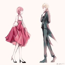  1boy 1girl arm_behind_back black_coat black_pants black_shoes blonde_hair blue_eyes blush c2_v cherry_(cytus) closed_eyes coat collared_shirt curtsey cytus cytus_ii hand_on_own_chest high-waist_skirt highres holding_own_skirt long_skirt long_sleeves looking_at_another low_ponytail pants pink_hair ponytail red_skirt shirt shoes short_hair signature simon_jackson simple_background skirt smile tailcoat white_background white_shirt 