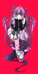  1girl absurdres ahoge broken_horn closed_mouth colored_skin commentary cyborg demon_girl demon_horns diamond-shaped_pupils diamond_(shape) extra_mouth facial_mark heart heart_ahoge heart_facial_mark highres horns ironmouse looking_at_viewer mechanical_arms mechanical_horns mocha4039 multicolored_hair pink_hair pointy_ears purple_hair purple_streaks single_mechanical_arm solo streaked_hair symbol-shaped_pupils tongue violet_eyes virtual_youtuber vshojo white_skin 