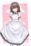  1girl alternate_costume animal_ears black_hair blush dress enmaided feet_out_of_frame floppy_ears hair_between_eyes heart holding holding_clothes holding_dress inaba_tewi looking_at_viewer maid medium_hair pantyhose petite pink_background pink_eyes rabbit_ears signature simple_background solo standing touhou usaka_ray white_pantyhose 