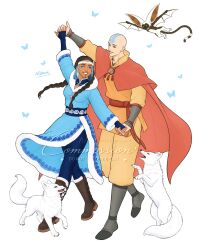  1boy 1girl aang animal arctic_fox arrow_(symbol) arrow_tattoo artist_name avatar_aang:_the_last_airbender avatar_legends bald belt blue_butterfly blue_coat blue_eyes blue_pants boots braid breasts brown_boots brown_hair bug butterfly cloak coat commission couple dark-skinned_female dark_skin facepaint flying full_body fur-trimmed_boots fur-trimmed_coat fur_trim grey_boots head_tattoo headdress hetero highres holding_hands katara lemur long_hair looking_at_another medium_breasts momo_(avatar) nissouna2015 orange_tunic pants parted_lips red_belt red_cloak smile tattoo teeth tunic twin_braids vgen_commission white_background yellow_pants 