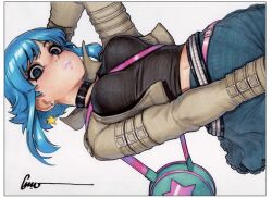  bag belt black_shirt blue_eyes blue_hair blue_skirt border brown_jacket choker earrings handbag jacket jewelry omar_dogan ramona_flowers scott_pilgrim_(series) shirt skirt star_(symbol) star_earrings white_background white_border 