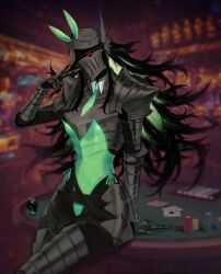  1girl absurdres against_table animal_ears arm_support armor black_armor black_hair blurry blurry_background bokeh breastplate card casino casino_card_table colored_inner_hair commentary cowboy_shot cuirass cuisses depth_of_field elbow_pads english_commentary fake_animal_ears full_armor gauntlets green_hair green_leotard green_necktie grey_armor helmet highres indie_virtual_youtuber indoors leotard long_hair messy_hair multicolored_hair n0r0 necktie noro_(vtuber) original pauldrons playboy_bunny playing_card poker_chip rabbit_ears red_eyes rerebrace self-portrait shoulder_armor side-tie_leotard solo standing strapless strapless_leotard table tassets v v_over_eye visor_(armor) winged_helmet 