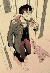  1boy alligator alligator_loki armor barefoot blurry breastplate building coat commentary_request crocodilian dual_persona eating fake_horns food food_on_face from_above fur-trimmed_coat fur_trim genmanzirou greyscale horned_headwear horns hot_dog lamppost loki_(marvel) looking_at_another looking_down male_focus marvel monochrome pants pauldrons saliva scale_armor short_hair shoulder_armor thor_(marvel)_(series) torn_clothes torn_coat torn_pants 
