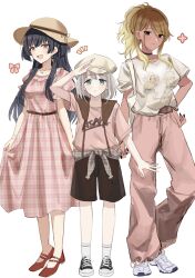  3girls absurdres arm_up bag black_eyes black_hair black_shoes black_shorts blonde_hair blue_eyes breasts brown_eyes brown_hair brown_hat closed_mouth clothes_around_waist dark-skinned_female dark_skin dress earrings flat_cap full_body gradient_hair grey_hair hand_on_own_hip hat highres holding_own_dress idolmaster idolmaster_shiny_colors izumi_mei jewelry kevn large_breasts long_hair looking_at_viewer mayuzumi_fuyuko multicolored_hair multiple_girls notice_lines open_mouth pants parted_lips pink_dress pink_pants pink_shirt plaid_clothes plaid_skirt print_shirt puffy_short_sleeves puffy_sleeves red_sandals sandals serizawa_asahi shading_eyes shirt shirt_tucked_in shoes short_hair short_sleeves shorts shoulder_bag sidelocks simple_background skirt small_breasts smile sneakers standing straylight_(idolmaster) sun_hat white_background white_shirt white_shoes white_shorts 