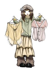  1girl baggy_clothes black_eyes black_shoes bow brown_hair clothes_hanger cross_in_eye facing_viewer hat hat_bow highres holding holding_clothes_hanger long_skirt long_sleeves medium_hair newsboy_cap okurete_iru open_mouth original pleated_skirt shoes skirt white_background 