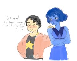  1boy 1girl 3: ^_^ black_hair blue_hair blue_skin blush bob_cut closed_eyes closed_mouth colored_skin commentary crop_top crossed_arms english_commentary frown gem_(steven_universe) highres homeworld_gem_uniform jacket knaiifu mean_lapis midriff open_mouth shirt short_hair simple_background sketch skirt smile speech_bubble steven_quartz_universe steven_universe steven_universe_future tsurime upper_body white_background 