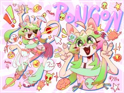  >_< 1other :d animal_ears animal_hands bandage_on_nose blonde_hair cat_ears cat_tail character_name dinosaur doughnut emoji food green_eyes green_hair hand_cursor heart_tongue hello_kitty hello_kitty_(character) highres indie_virtual_youtuber king_boo mario multicolored_hair multiple_views pink_hair polygon_donut rocket rocket_hair_ornament sanrio sev_(sev_thecat) smile sticker sticker_on_face super_mario_bros. tail too_many_stickers tv_hair_ornament ufo v xd 