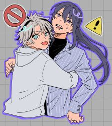  2boys :p black_streaks black_undershirt blue_eyes casual collared_shirt cropped_torso curtained_hair ensemble_stars! furrowed_brow grey_background grid_background hair_between_eyes hair_intakes highres hood hoodie hug kanzaki_souma light_blush long_hair long_sleeves male_focus multicolored_hair multiple_boys no_symbol open_mouth outline parted_bangs ponhone_pon ponytail purple_outline purple_shirt shirt short_hair sidelocks sign spiky_hair streaked_hair striped_clothes striped_shirt sweat taki_ibuki tongue tongue_out violet_eyes warning_sign white_hoodie 