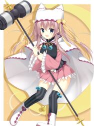  1girl :d animal_ear_headwear asagi_nanami belt black_shirt black_thighhighs blue_eyes blush boots border bow breasts brown_hair cape clenched_hands commentary_request crescent detached_sleeves drop_shadow frilled_skirt frilled_sleeves frills full_body hair_between_eyes hammer happy hat hat_bow hat_ribbon highres holding holding_hammer large_breasts long_hair long_sleeves looking_at_viewer magical_girl miniskirt official_alternate_costume official_alternate_hairstyle open_mouth outside_border pink_skirt pleated_skirt ribbon sanoba_witch shiiba_tsumugi shiiba_tsumugi_(witch) shirt sidelocks simple_background skirt sleeveless sleeveless_shirt smile solo standing straight_hair striped_clothes striped_thighhighs thigh-highs vertical-striped_clothes vertical-striped_thighhighs very_long_hair white_belt white_boots white_border white_cape white_hat wide_sleeves yellow_background yellow_bow yellow_ribbon zettai_ryouiki 