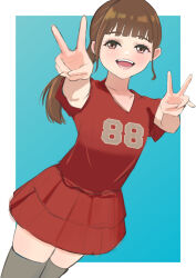  1girl :d animification blue_background blunt_bangs border brown_eyes brown_hair commentary_request cowboy_shot double_v fanged_bangs frilled_skirt frills grey_thighhighs highres long_hair love_live! love_live!_hasu_no_sora_jogakuin_school_idol_club miniskirt nirei_nozomi open_mouth outside_border pochieese ponytail real_life red_shirt red_skirt seeno_de!_hasu_no_sora! shirt simple_background skirt smile solo teeth thigh-highs v voice_actor white_border zettai_ryouiki 
