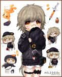  absurdres alternate_costume animal_costume bandaid bandaid_on_face bandaid_on_knee bandaid_on_leg bandaid_on_nose beret blush character_name chibi closed_mouth cowboy_shot defibrillator full_body girls_frontline hat highres holding holding_stuffed_toy hs2000_(girls&#039;_frontline) light_brown_hair long_hair long_sleeves multiple_views open_mouth orange_eyes pill stuffed_animal stuffed_toy stuffing_scone syringe teddy_bear white_background 
