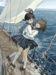  2girls absurdres ahoge animal_ears aqua_sailor_collar aqua_skirt arm_around_another's_waist black_hair boat brown_hair brown_shoes clenched_teeth commentary_request full_body hair_tie hairband highres holding holding_rope hug kneehighs kouroul low_ponytail mary_janes multiple_girls neckerchief ocean open_mouth original pleated_skirt ponytail rabbit_ears railing red_eyes red_neckerchief rope sailing sailing_ship sailor_collar school_uniform serafuku ship_deck shoes short_ponytail signature skirt socks teeth thighs watercraft white_serafuku white_socks yellow_eyes 