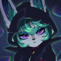 1girl animal_ear_fluff animal_ears artist_name black_eyeshadow black_hoodie black_nose colored_skin commentary ears_through_hood eyelashes eyeshadow frown glowing green_hair grey_skin hood hood_up hoodie league_of_legends looking_at_viewer makeup mettyon psychedelic short_hair slit_pupils solo upper_body vex_(league) violet_eyes yordle 