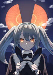  1girl @_@ absurdres animal_ear_hairband animal_ears black_bow black_bowtie black_dress bow bowtie carrot_slice closed_mouth commentary dress fake_animal_ears frills grey_hair hair_between_eyes hairband hatsune_miku highres holding_hairband long_hair long_sleeves looking_at_viewer loveit_(vocaloid) melty_ice night orange_eyes outdoors puritan_collar rabbit_ear_hairband rabbit_ears sidelocks smile solo straight-on twintails untranslatable_commentary upper_body vocaloid 