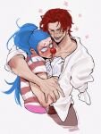  2boys absurdres amputee blue_hair blush buggy_the_clown closed_eyes closed_mouth clown_nose collared_shirt flower highres hug long_hair long_sleeves male_focus missing_limb multicolored_shirt multiple_boys one_piece ponytail red_shirt redhead scar scar_on_face shanks_(one_piece) shirt short_hair simple_background striped striped_shirt twitter_username vamos_mk white_background white_shirt 