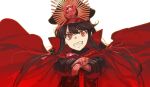  1girl black_hair cape fang fate/grand_order fate_(series) gloves grin hands_on_hilt hat katana long_hair oda_nobunaga_(fate) oda_nobunaga_(koha-ace) oda_uri pako_(pakosun) red_cape red_eyes smile sword weapon white_background white_gloves 