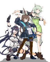 3girls amiya_(arknights) animal_ear_fluff animal_ears arknights ascot black_hair black_jacket blaze_(arknights) blue_ascot blue_collar brown_hair cat_ears cat_girl cat_tail collar dress framed_breasts green_dress green_eyes hairband highres hood hooded_jacket jacket jewelry kal'tsit_(arknights) multiple_girls multiple_rings off-shoulder_dress off-shoulder_jacket off_shoulder one_ear_down pantyhose parody plaid_clothes plaid_skirt rabbit_ears rabbit_girl red_hairband ring ring_on_every_finger skirt soul_eater tail tank_top white_jacket white_tank_top ykke1919 