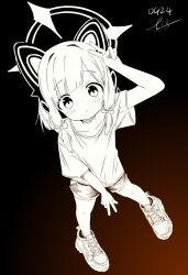  1girl :< aged_down alternate_costume animal_ear_headphones animal_ears arm_up black_background blue_archive blush bow brown_background cat_ear_headphones cat_ears child closed_mouth collarbone commentary_request dated fake_animal_ears from_above full_body gradient_background greyscale_with_colored_background hair_bow halo hand_up headphones highres limpiderm looking_at_viewer looking_up low-tied_sidelocks momoi_(blue_archive) monochrome shirt shoes short_hair short_shorts short_sleeves shorts sidelocks signature simple_background sneakers solo standing t-shirt 
