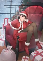  1girl absurdres amagami ayatsuji_tsukasa black_border black_eyes black_hair black_pantyhose blunt_bangs boots border box capelet chair christmas christmas_tree closed_mouth dress full_body fur-trimmed_boots fur-trimmed_capelet fur-trimmed_dress fur-trimmed_headwear fur_trim gift gift_box hat high_heel_boots high_heels highres indoors knees_up long_hair long_sleeves looking_at_viewer mikawa_mikan on_chair outside_border pantyhose red_boots red_capelet red_dress red_hat sack santa_costume santa_dress santa_hat sitting snowing solo window winter 
